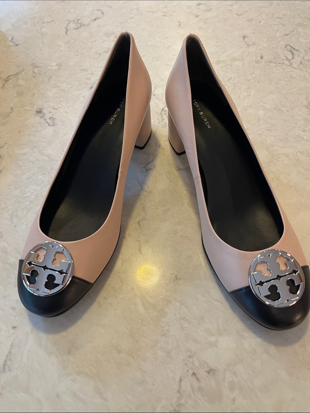 Tory Burch Blush Pink and Black Logo Block Heel Pumps
